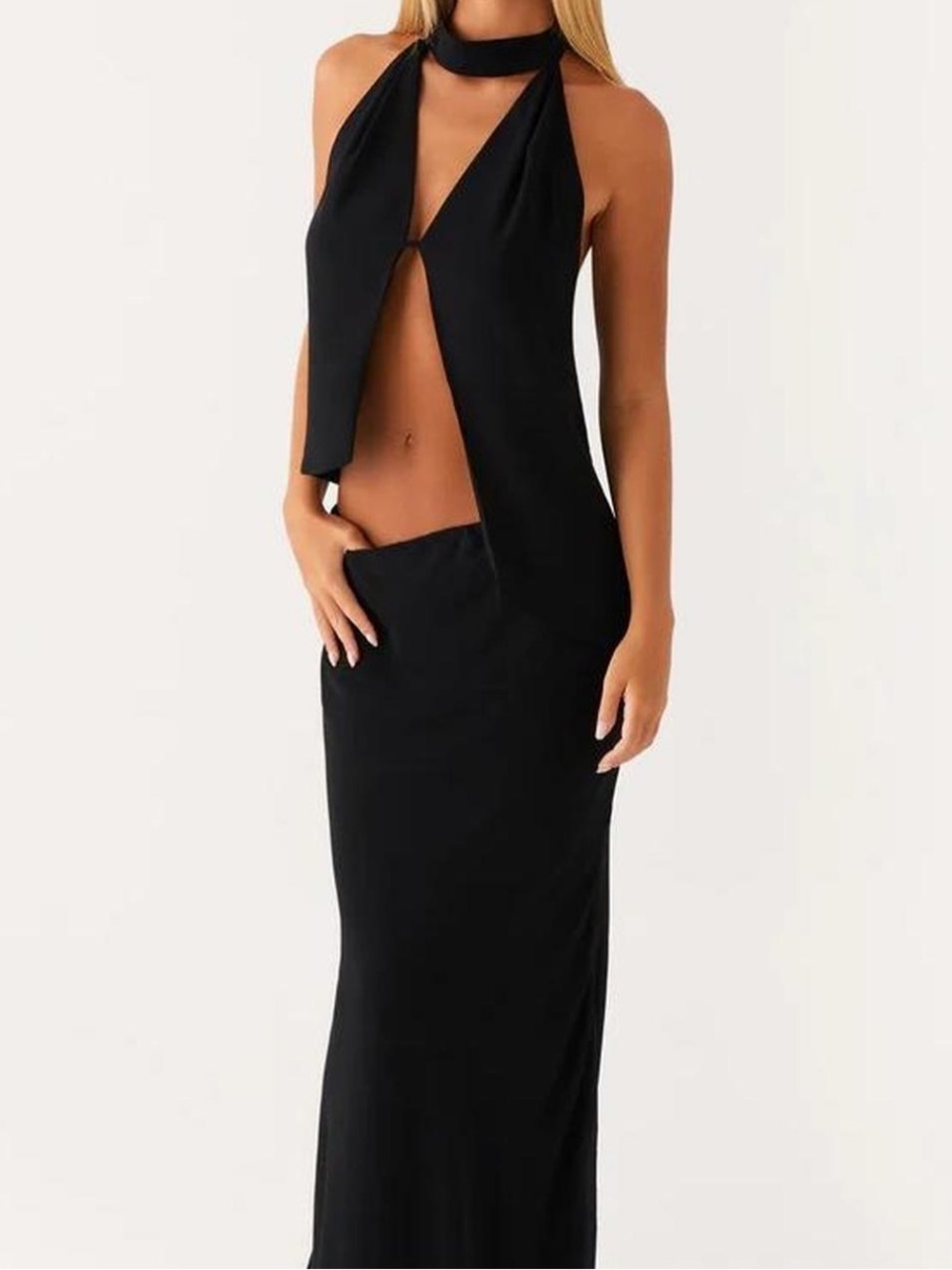 Peppermayo Black Backless Halter Cutout Maxi Dress